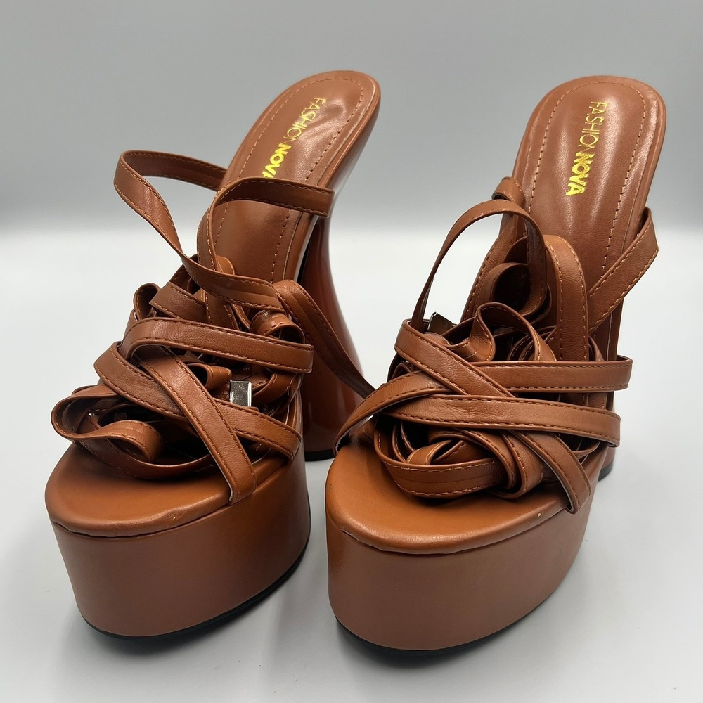 Fashion Nova Julee Platform Heels Women 8 Brown Very Good Strappy Lace Up Flared